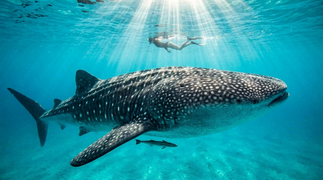 Whale shark gliding through turquoise Caribbean water